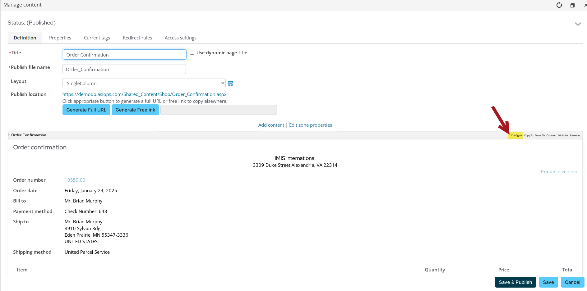 An arrow pointing to the configure link on the order confirmation content item.